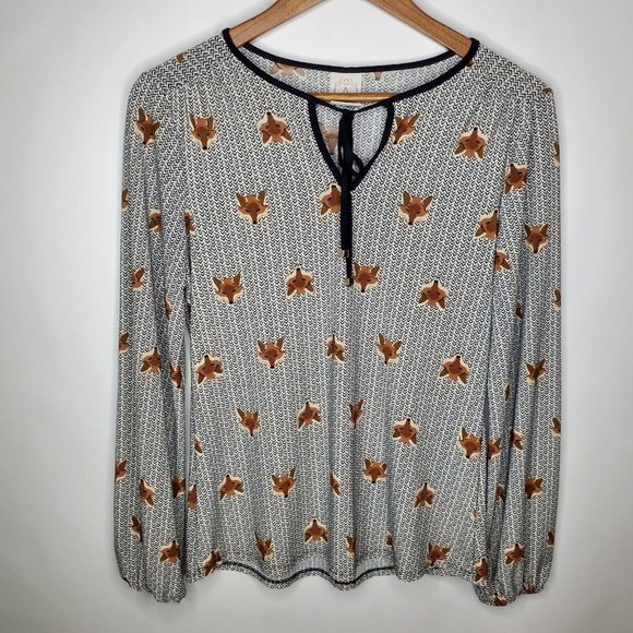 A Collection Lojas Renner Womens Fox Print Novelty Blouse Size P (US S) Keyhole - Picture 1 of 12